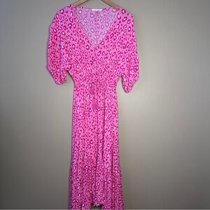 Abel The Label Pink Leopard Print Mide/Maxi Dress, Puff Sleeve, Ruffled Bottom